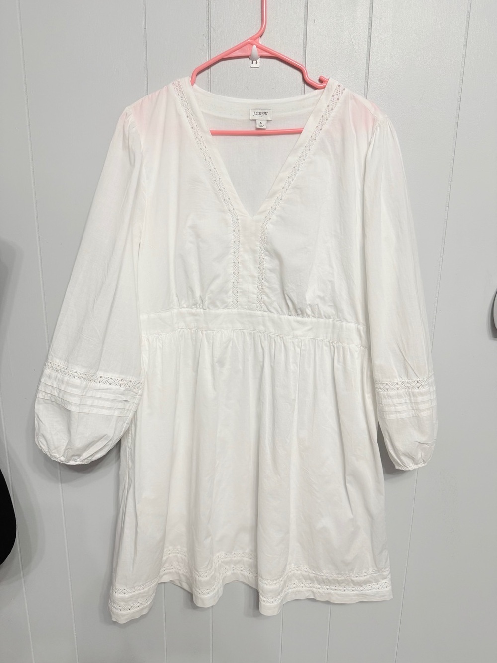 J. Crew White V-Neck Cotton Tunic Dress with Lace Trim